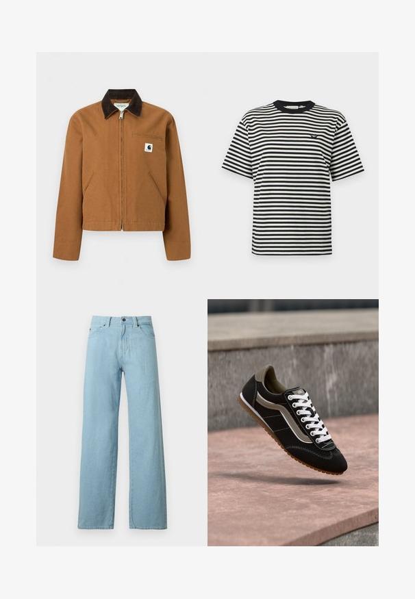 Καφέ ζακέτα Carhartt με φερμουάρ, σκούρο καφέ γιακά, δύο μπροστινές τσέπες και μικρό λογότυπο στο αριστερό στήθος.; Μαύρο και άσπρο κοντομάνικο t-shirt με οριζόντιες ρίγες, με μικρό μαύρο λογότυπο στο αριστερό στήθος και μαύρο γιακά.; Ανοιχτό μπλε τζιν παντελόνι με φαρδιά μπάρα, εμπρόσθιο κουμπί, φερμουάρ και σχεδιασμό με πέντε τσέπες σε λευκό φόντο.; Μαύρο και μπεζ αθλητικό παπούτσι με λευκά κορδόνια και σόλα από καουτσούκ, αιωρούμενο πάνω από μια πέτρινη επιφάνεια και φόντο από γκρίζο σκυρόδεμα.
