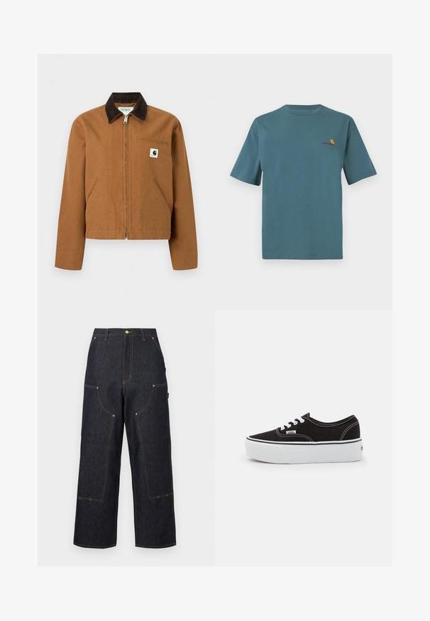 Καφέ ζακέτα Carhartt με φερμουάρ, σκούρο καφέ γιακά, δύο μπροστινές τσέπες και μικρό λογότυπο στο αριστερό στήθος.; Τιρκουάζ βαμβακερή μπλούζα με κοντό μανίκι, που διαθέτει στρογγυλή λαιμόκοψη και μικρό κεντητό λογότυπο σε πορτοκαλί και μπορντό στην περιοχή του στήθους.; Σκουρό μπλε παντελόνι τζιν με φαρδιά πόδια, πολλαπλές μπροστινές τσέπες, αντίθετη πορτοκαλί ραφή και κούμπωμα με κουμπί στη μέση.; Μαύρο καστόρινο αθλητικό παπούτσι με λευκή καουτσούκ πλατφόρμα, που διαθέτει λευκές κορδόνες και ραφές, εμβληματική σήμανση στο πλάι, σε χαμηλό σχεδιασμό.