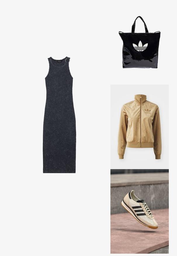 Tan velours zip-up jack met een hoge kraag. Bevat ribgebreide boorden en zoom, zijzakken en een geborduurd logo op de borst.; Donkergrijze, geribbelde maxi-jurk met een ronde halslijn en een zilveren ringaccent op de schouder. Gestructureerde stof met een aansluitende pasvorm.; Beige en zwarte Adidas sneaker met een gumzool, zwevend boven een stenen oppervlak, met zijkant- en bovenaanzichten.; Zwarte gepatineerde tote bag met twee handvatten, voorzien van een groot wit Adidas-logo en drie horizontale strepen aan de voorkant.