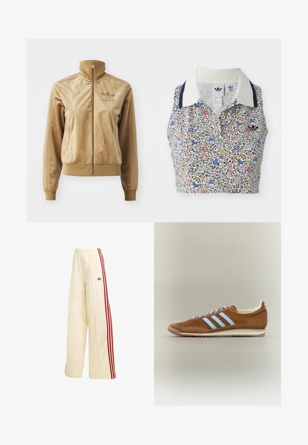 Tan velours zip-up jack met een hoge kraag. Bevat ribgebreide boorden en zoom, zijzakken en een geborduurd logo op de borst.; Bloemige crop top met een witte basis en blauwe, rode en gele bloemen. Inclusief een witte kraag met marineblauwe accenten en een geborduurd logo.; Crèmekleurige wijde trainingsbroek met rode zijstrepen, elastische tailleband, ritssluitingzak en rood Adidas-logo op de dij.; Bruine Adidas sneaker met lichtblauwe strepen, mesh- en suède textuur, witte zool en beige binnenkant op een neutrale achtergrond.