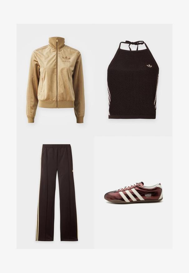 Hnedá velúrová mikina s dlhým zipsom a vysokým golierom. Obsahuje rebrované manžety a lem, bočné vrecká a vyšívané logo na hrudi.; Čierny sieťovaný crop top so štruktúrovaným dizajnom. Má ružové akcentové pruhy a malú logo na prednej strane. Zaviazanie na chrbte.; Čierne tepláky so žltými bočnými pruhmi, elastickým pásom, bočnými vreckami na zips a malým logom na hornej časti stehna.; Nízky profil kovový bordový teniska Adidas s bielymi pruhmi, šnúrkami a označením „Adidas Tokyo“ na boku.