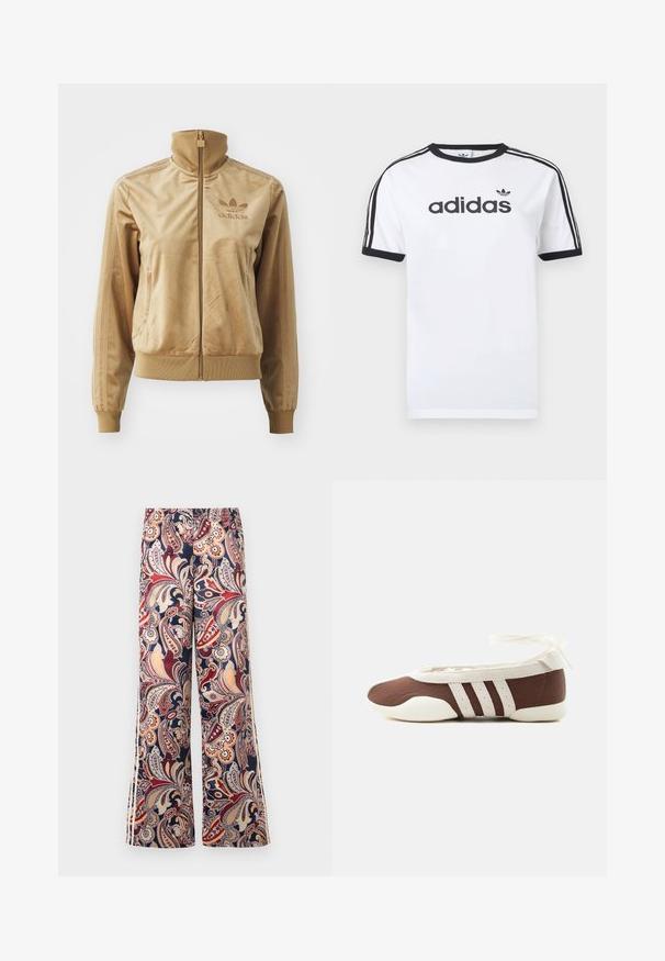 Tan velours zip-up jack met een hoge kraag. Bevat ribgebreide boorden en zoom, zijzakken en een geborduurd logo op de borst.; Wit katoenen T-shirt met zwarte accenten, voorzien van een ronde hals, korte mouwen, drie zwarte strepen op de schouders en het "adidas"-logo in het zwart.; Wijde broek met elastische tailleband, voorzien van een kleurrijk paisley-patroon in rood, beige, marineblauw en oranje tinten.; Bruine en witte ballerinaschoenen met drie witte strepen en een strik om de enkel op een effen lichte achtergrond.