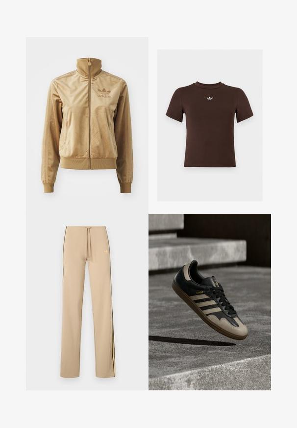 Tan velours zip-up jack met een hoge kraag. Bevat ribgebreide boorden en zoom, zijzakken en een geborduurd logo op de borst.; Bruine aansluitende T-shirt met korte mouwen en een klein wit Adidas-logo het midden onder de halslijn.; Beige joggingbroek met zwarte zijstrepen en gele accenten. Voorzien van een verstelbare taille met trekkoord en een subtiel logo linksboven.; Zwarte en beige leren sneaker met drie witte strepen, een beige rubberen zool en gouden "Samba"-details aan de zijkant.