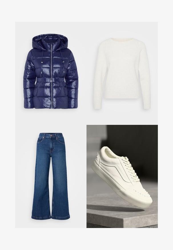 Marineblå pufferjakke med en blank overflade, hætte, lynlås lukning, justerbare snore og en belted talje. Kviltet tekstur og sidelommer.; Hvid strikket sweater med lange ærmer, rund halsudskæring og ribbet kant. Blød tekstur med en let fuzzy overflade. Ingen synlige mønstre.; Bredde denim jeans i mørkeblå, med høj talje, fem-lommes design og opsmøgede bukseben. Glat tekstur med diskrete sy-detaljer.; Hvide sneakers med en tekstureret finish, udstyret med en polstret krave, snørelukning og små dekorative nitter langs siden nær sålen.