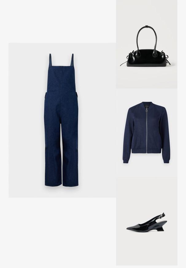 Marineblaue Bomberjacke mit einem silbernen Reißverschluss und einem runden Ziehgriff, ausgestattet mit gerippten Bündchen und Saum, vor einem schlichten weißen Hintergrund.; Marineblaues Denim-Overall mit weit ausgestellten Beinen, verstellbaren Trägern und Seitentaschen, das durch ein schlichtes, minimalistisches Design und eine glatte Textur besticht.; Schwarzer Slingback-Schuh aus Lackleder mit spitzer Spitze und niedrigem, schrägem Blockabsatz auf einfachem hellem Hintergrund.; Kleine schwarze glänzende Handtasche mit zwei langen Griffen und seitlichen Kordelzug-Details vor einfachem hellem Hintergrund.