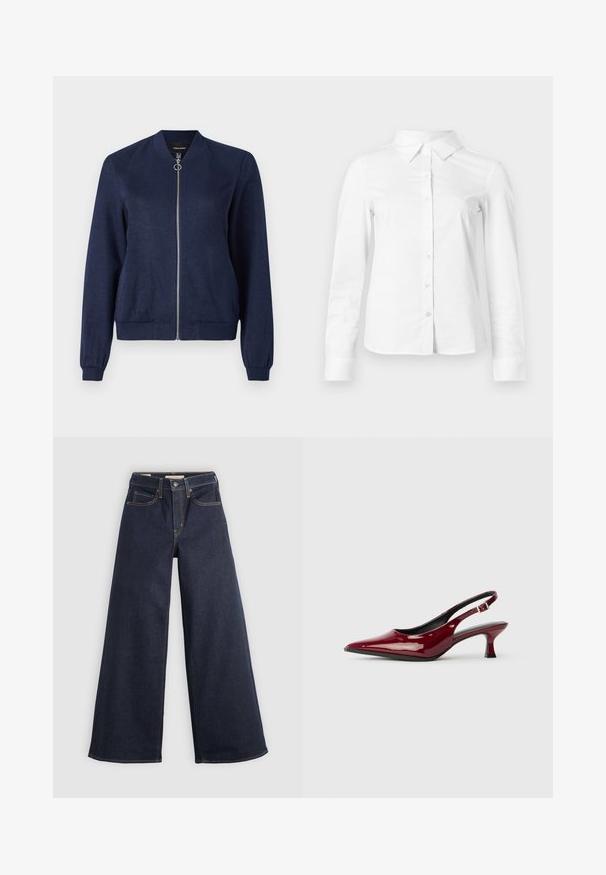 Marineblauwe bomberjack met een zilveren rits en ronde trekstrip, met ribgebreide manchetten en tailleband, tegen een effen witte achtergrond.; Witte blouse met lange mouwen en knopen, met puntige kraag, rechte zoom en aansluitende silhouet, weergegeven op een effen lichte achtergrond.; Wijde denim jeans in donkerblauw met contrasterende stiksels. Bevat een traditionele vijf-pocketontwerp en een knoopsluiting in de taille.; Bordeaux patent leren slingback hakken met een puntige neus en een slanke stilettostonk. Ontwerp met open achterkant en verstelbare enkelriem.
