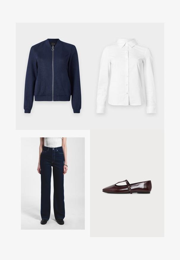 Marineblauwe bomberjack met een zilveren rits en ronde trekstrip, met ribgebreide manchetten en tailleband, tegen een effen witte achtergrond.; Witte blouse met lange mouwen en knopen, met puntige kraag, rechte zoom en aansluitende silhouet, weergegeven op een effen lichte achtergrond.; Hoge taille, wijde donkerdenim jeans met contrasterende stiksels, voorkeurszakken en een klassieke klinknagelknopsluiting.; Donker bordeauxrode leren platte schoen met een puntige neus en een dunne T-strap met een zilveren gesp op een witte achtergrond.