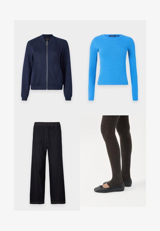 Marineblauwe bomberjack met een zilveren rits en ronde trekstrip, met ribgebreide manchetten en tailleband, tegen een effen witte achtergrond.; Felblauwe, nauwsluitende, geribbelde, gebreide longsleeve top met ronde hals op een effen lichte achtergrond.; Donkere denim wijde broek met een elastische tailleband met trekkoord, contrasterende oranje stiksels en rechte, strakke lijnen.; Benen met donkere geribbelde leggings gecombineerd met zwarte ballerina's met kleine strikdetails op een witte achtergrond.
