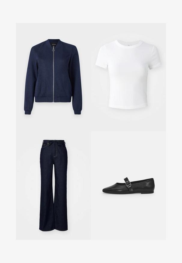 Marineblauwe bomberjack met een zilveren rits en ronde trekstrip, met ribgebreide manchetten en tailleband, tegen een effen witte achtergrond.; Effen witte cropped t-shirt met korte mouwen en ronde hals, weergegeven op een neutrale lichte achtergrond.; Donkerblauwe ruime spijkerbroek van denim, met hoge taille, voorzakken en een striksluiting in de taille.; Zwarte leren platte schoen met een ronde neus, een enkele verstelbare gespsluiting en een gladde, glanzende textuur. Minimalistisch ontwerp met een lage hak.