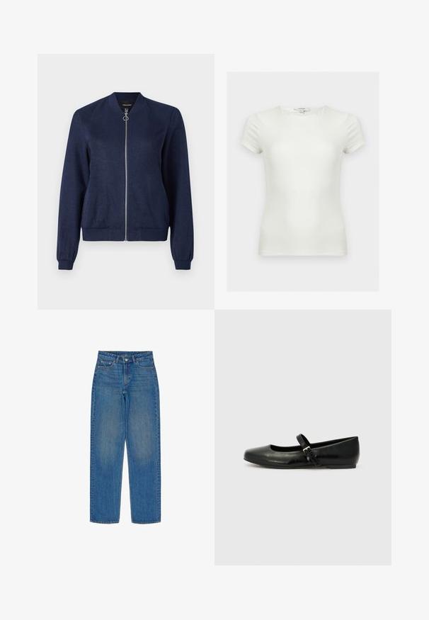 Marineblauwe bomberjack met een zilveren rits en ronde trekstrip, met ribgebreide manchetten en tailleband, tegen een effen witte achtergrond.; Effen witte aansluitende T-shirt met korte mouwen en ronde hals, getoond op een neutrale achtergrond.; Blauwe denim jeans met een rechte pijp, voorzien van vijf zakken, een knoopsluiting aan de voorkant en subtiele vervaging op de stof.; Zwarte leren balletschoenen met een ronde neus, een platte zool en een dunne verstelbare band over de wreef met een metalen gesp.