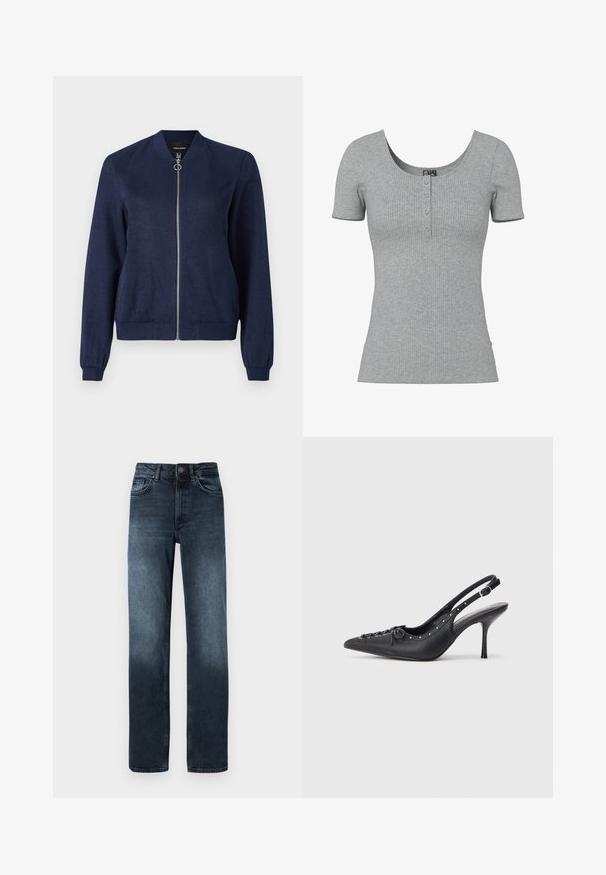 Chaqueta tipo bomba azul marino con cremallera plateada y tirador redondo, con puños y cinturilla acanalados, sobre un fondo blanco liso.; Top gris de manga corta con costillas, escote en forma de U y cuatro pequeños botones en el centro delantero.; Jeans de mezclilla azul oscuro con corte recto, cinco bolsillos y cierre frontal de botón. Presenta detalle de desgastado cerca del dobladillo.; Sandal de tacón stiletto negro de cuero con punta afilada, correa lateral con hebilla, tachuelas a lo largo del borde y cordones decorativos en la parte delantera.