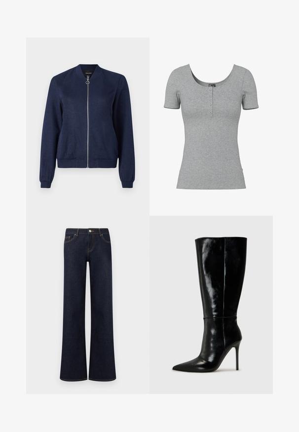 Chaqueta tipo bomba azul marino con cremallera plateada y tirador redondo, con puños y cinturilla acanalados, sobre un fondo blanco liso.; Top gris de manga corta con costillas, escote en forma de U y cuatro pequeños botones en el centro delantero.; Jeans vaqueros de pierna ancha en azul oscuro, con bolsillos delanteros, cierre de botón y cremallera, y costuras contrastantes visibles.; Botas de cuero negro hasta la rodilla con punta afilada y tacón alto de aguja. Textura suave y diseño elegante, con detalles mínimos.