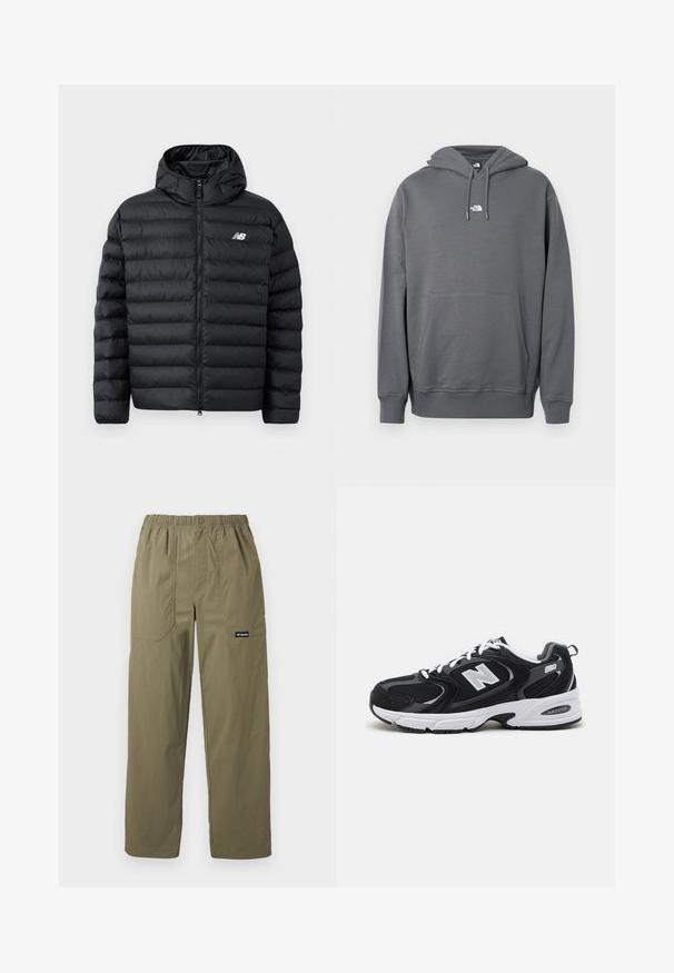 Schwarze Daunenjacke mit Kapuze, Frontreißverschluss, gestepptem Design und New Balance-Logo auf der linken Brust. Glattes, leichtes Material.; Grauer Hoodie aus weichem Stoff, mit Kängurutasche, Kapuze mit Kordelzug, gerippten Bündchen und einem kleinen Logo auf der Brust.; Olivgrüne, gerade geschnittene Hose mit elastischem Bund, vorderen aufgesetzten Taschen, Knopfverschluss und Columbia-Logo auf der rechten Tasche.; Schwarze und graue Sportschuhe mit Obermaterial aus Mesh und Wildleder, ausgestattet mit einer weißen Zwischensohle, Schnürsenkeln und einem markanten "N"-Logo an der Seite.