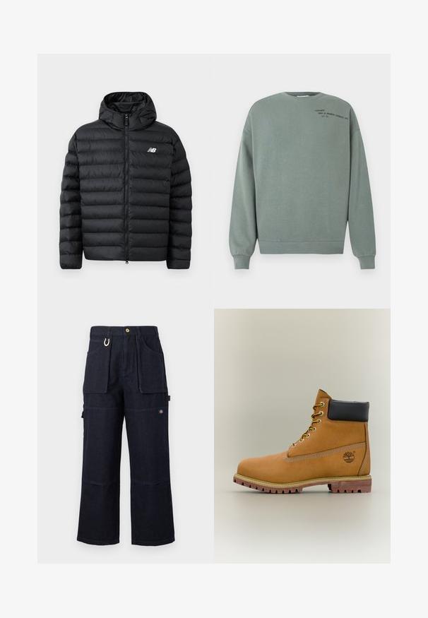 Sort forlængelsesjakke med hætte, med lynlås foran, quilted struktur og New Balance-logo på venstre bryst. Glat, let materiale.; Støvet grøn sweatshirt med lange ærmer og lille sort tekst, der lyder "Carhartt Work In Progress (Detroit) 1989 A.C 313" på øverste venstre bryst.; Mørkeblå vidde bukser i denim til arbejde med store lommer foran og på siden, knaplukning og lille logopatch på låret.; Brun læderankelstøvle med sort krave, gule snørebånd og tanfarvet sål. Har logo og hvide syninger som detalje. Robust ydersål med greb.