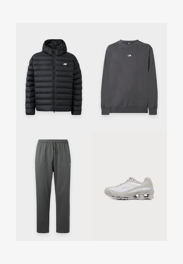 Sort forlængelsesjakke med hætte, med lynlås foran, quilted struktur og New Balance-logo på venstre bryst. Glat, let materiale.; Grå sweatshirt lavet af bomuldsblandet stof, med rund halsudskæring, lange ærmer, ribstrikkede manchetter og et lille hvidt logo på brystet.; Mørkegrå fleece-sweatpants med elastisk taljebånd og snor, med en lille logo på højre lår.; Grå og hvid atletiksko med synlig luftpolstret sål og mesh-paneler, vist i profil på en ensartet lys baggrund.
