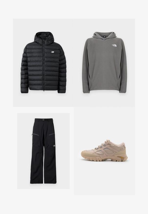 Zwarte pufferjack met capuchon, met een ritssluiting aan de voorkant, gequiltde textuur en het New Balance-logo op de linkerborst. Glad, lichtgewicht materiaal.; Grijze fleece hoodie met een voorzak, verstelbare capuchon met trekkoord en een klein wit logo op de linkerborst.; Zwarte outdoorbroek met verstelbare riem, twee met rits afsluitbare dijbeenzakken en het The North Face-logo op het rechterbeen.; Beige hardloopschoen met een gestructureerde mesh bovenkant, synthetische overlay en een Vibram zool. Voorzien van vetersysteem en details op de zijpanelen.