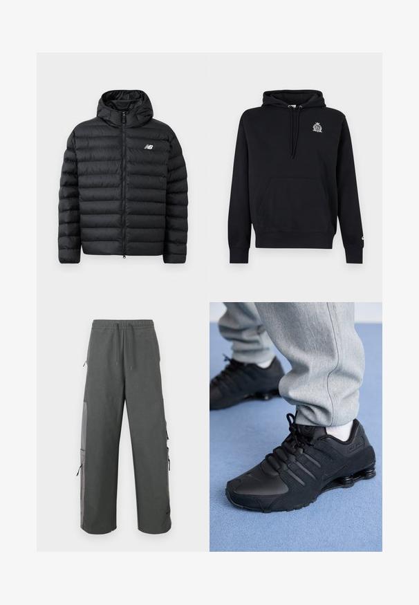Zwarte pufferjack met capuchon, met een ritssluiting aan de voorkant, gequiltde textuur en het New Balance-logo op de linkerborst. Glad, lichtgewicht materiaal.; Zwarte hoodie met voorkantzak, capuchon met trekkoord, klein wit wapenschildlogo op de borst en subtiel logo op de linker mouwboord.; Donkere grijze cargobroek met een elastische tailleband, trekkoord, zijzakken en mesh-details, met een losse, ontspannen pasvorm.; Persoon in zwarte Nike Shox sneakers en een grijze joggingbroek staand op een lichtblauw tapijt.