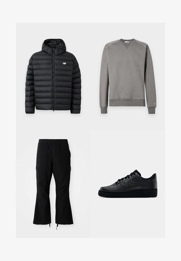 Chaqueta de plumas negra con capucha, con cierre frontal de cremallera, textura acolchada y logo de New Balance en el lado izquierdo del pecho. Material suave y ligero.; Sudadera gris hecha de tela suave. Presenta puños y dobladillo acanalados, cuello redondo y un pequeño logo verde en la manga izquierda.; Pantalones cargo negros con cintura elástica, con bolsillos laterales y piernas acampanadas con cremalleras en los puños, exhibidos sobre un fondo blanco.; Zapatilla Nike Air Force 1 negra con parte superior de cuero liso, puntera perforada para transpirabilidad, cordones negros y suela de goma texturizada.