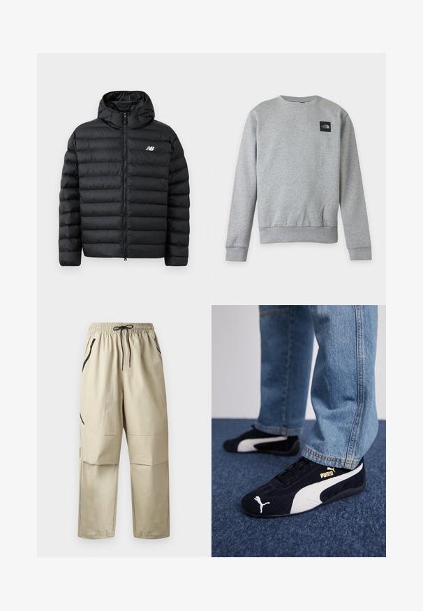 Sort forlængelsesjakke med hætte, med lynlås foran, quilted struktur og New Balance-logo på venstre bryst. Glat, let materiale.; Plain lysegrå crewneck sweatshirt med lange ærmer og et lille sort North Face-logo patch på den øvre venstre bryst.; Beige letvægtsbukser med elastisk taljebånd, sort snøre og lynlåslommer i siderne, vist forfra på ensfarvet baggrund.; Sorte ruskinds sneakers med hvide detaljer og et guldlogo. Båret med lyseblå denimjeans og sat på en struktureret blå overflade.