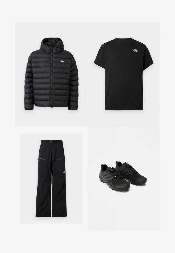 Sort forlængelsesjakke med hætte, med lynlås foran, quilted struktur og New Balance-logo på venstre bryst. Glat, let materiale.; Sort t-shirt med korte ærmer lavet af bomuld. Har en hvid logo på venstre bryst. Enkelt snit med rund halsudskæring og minimalt design.; Sorte udendørsbukser med justerbart bælte, to lynlåslommer på lårene og The North Face-logo på højre ben.; Sorte atletiske sko med en struktureret overdel, holdbar gummisål og diskrete reflekterende detaljer; har et snøresystem for en sikker pasform.