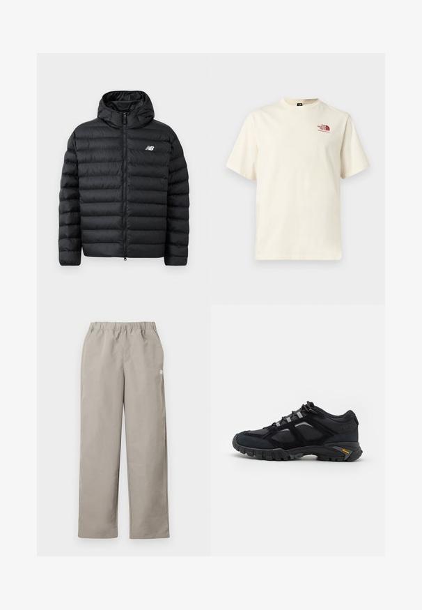 Schwarze Daunenjacke mit Kapuze, Frontreißverschluss, gestepptem Design und New Balance-Logo auf der linken Brust. Glattes, leichtes Material.; Kurzärmeliges off-white T-Shirt mit bordeauxrotem "The North Face"-Logo auf der linken Brust, Rundhalsausschnitt, schlichtes Design.; Beige gerade geschnittene Hose mit elastischem Bund und kleinem weißem Logo an der rechten Seitennaht.; Schwarzer Outdoor-Schuh aus Wildleder und Mesh mit robuster Sohle. Verfügt über graue Akzente und Vibram-Branding an der Seite. Schnürdesign.