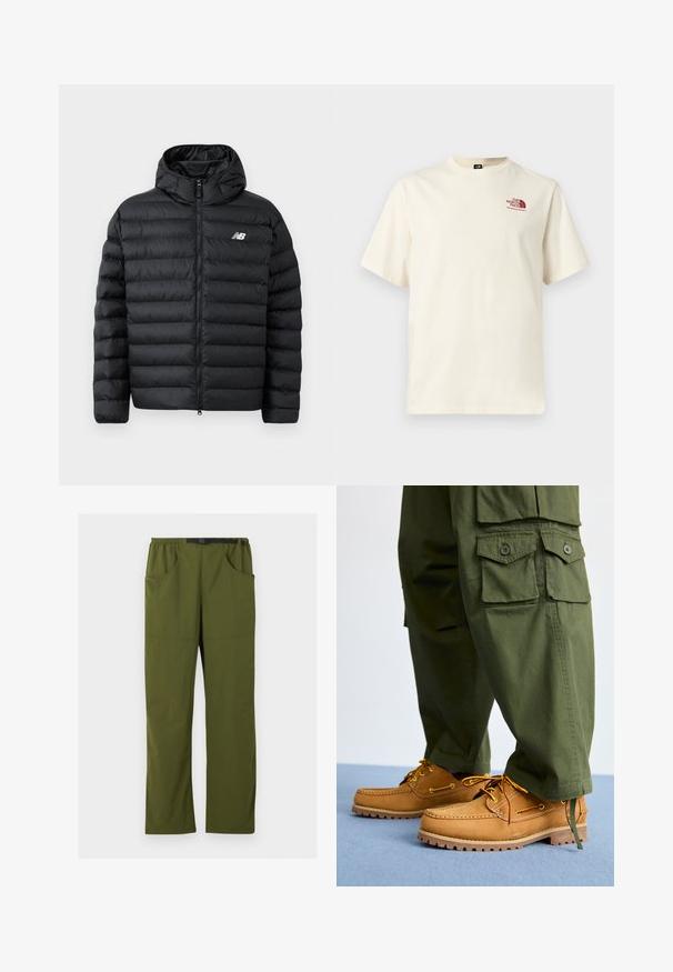 Schwarze Daunenjacke mit Kapuze, Frontreißverschluss, gestepptem Design und New Balance-Logo auf der linken Brust. Glattes, leichtes Material.; Kurzärmeliges off-white T-Shirt mit bordeauxrotem "The North Face"-Logo auf der linken Brust, Rundhalsausschnitt, schlichtes Design.; Olivgrüne gerade geschnittene Hose mit elastischem Bund und schwarzem verstellbarem Schnallen-Gürtel, Vorder- und Seitentaschen, Details in der vorderen Naht.; Timberland AUTHENTIC 3 EYE - Bootsschuh - wheat