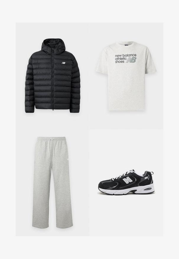 Schwarze Daunenjacke mit Kapuze, Frontreißverschluss, gestepptem Design und New Balance-Logo auf der linken Brust. Glattes, leichtes Material.; Hellgraues T-Shirt mit kurzen Ärmeln mit dem Schriftzug „new balance athletic shoes“ und einem stilisierten „NB“-Logo in Dunkelgrau auf der Brust.; Hellgraue Sweatpants mit Kordelzug, elastischem Bund und lockeren, geraden Beinen, auf einfarbigem Hintergrund dargestellt.; Schwarze und graue Sportschuhe mit Obermaterial aus Mesh und Wildleder, ausgestattet mit einer weißen Zwischensohle, Schnürsenkeln und einem markanten "N"-Logo an der Seite.
