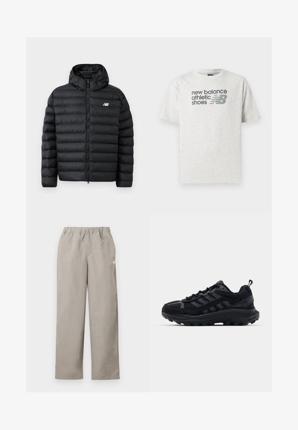 Sort forlængelsesjakke med hætte, med lynlås foran, quilted struktur og New Balance-logo på venstre bryst. Glat, let materiale.; Lysegrå T-shirt med korte ærmer med teksten "new balance athletic shoes" og en stiliseret "NB" logo i mørkegrå på brystet.; Beige bukser med lige ben, elastisk talje og en lille hvid logo på højre sidesøm.; Sorte atletiksko med tekstureret mesh og overdel i ruskind, forstærket tå og robust ydersål. Har snørelukning og en pull-tab.