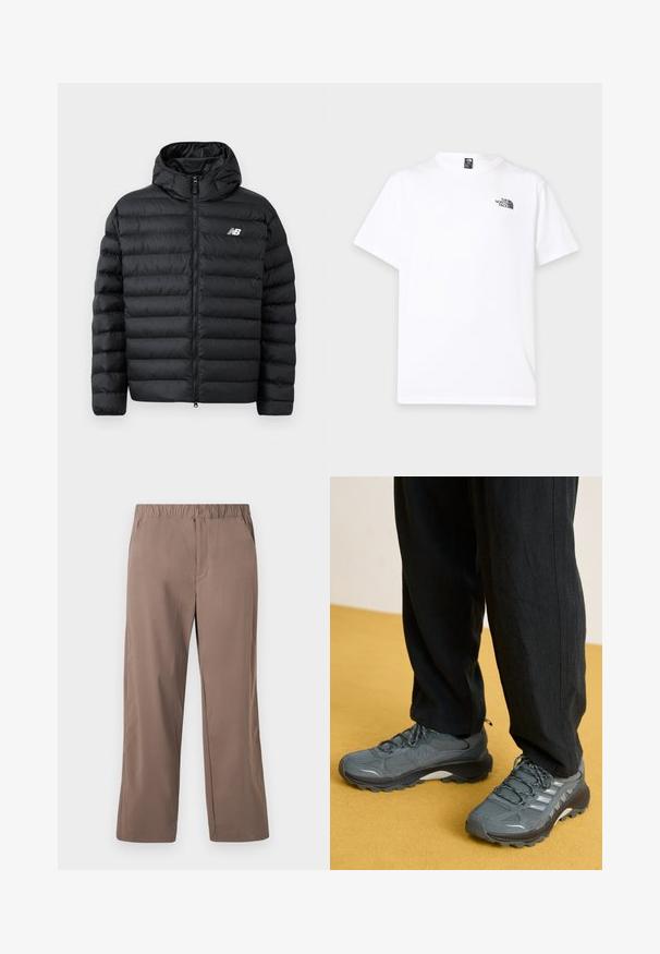 Schwarze Daunenjacke mit Kapuze, Frontreißverschluss, gestepptem Design und New Balance-Logo auf der linken Brust. Glattes, leichtes Material.; Weißes kurzärmeliges T-Shirt mit rundem Ausschnitt und kleinem schwarzen The North Face-Logo auf der oberen linken Brust.; Locker sitzende, gerade geschnittene braune Hose mit elastischem Bund und Knopfverschluss, vorderen Taschen und glatter Stofftextur.; Graue Netz- und synthetische Sportschuhe mit ausgeprägtem Profil, reflektierenden Akzenten und Schnürdesign, kombiniert mit lockeren schwarzen Hosen.