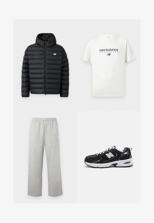 Sort forlængelsesjakke med hætte, med lynlås foran, quilted struktur og New Balance-logo på venstre bryst. Glat, let materiale.; Hvid kortærmet T-shirt med rund hals og trykket "new balance ATHLETICS" samt "NB"-logo i mørkeblå på midten foran.; Lysegrå joggingbukser med snøre i taljen, elastisk taljebånd og løse, lige ben, vist på ensfarvet baggrund.; Sorte og grå sportssko med mesh og ruskind på overdelen, der har en hvid mellemsål, snørebånd og et iøjnefaldende "N" logo på siden.