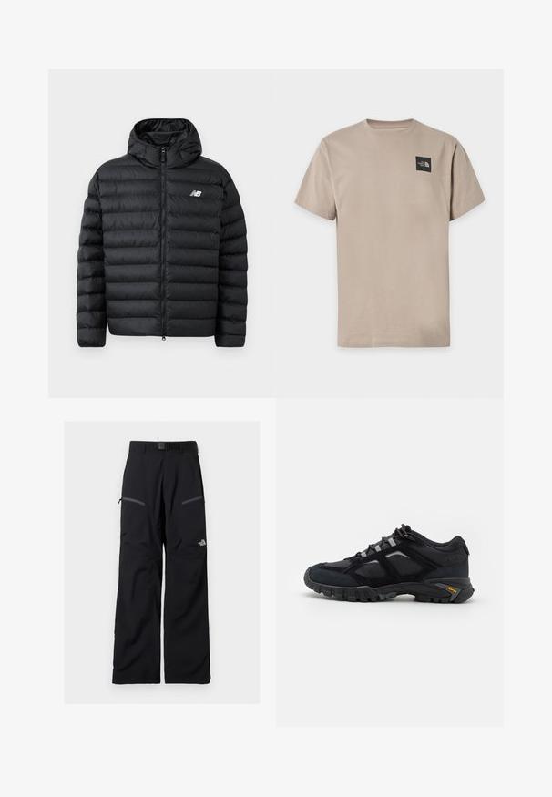 Chaqueta de plumas negra con capucha, con cierre frontal de cremallera, textura acolchada y logo de New Balance en el lado izquierdo del pecho. Material suave y ligero.; Camiseta beige de manga corta con cuello redondo y pequeño logo negro de The North Face en la parte superior izquierda del pecho.; Pantalones exteriores negros con cinturón ajustable, dos bolsillos en los muslos con cremallera y el logotipo de The North Face en la pierna derecha.; Zapato exterior negro hecho de ante y malla con una suela robusta. Presenta acentos grises y la marca Vibram en el costado. Diseño con cordones.