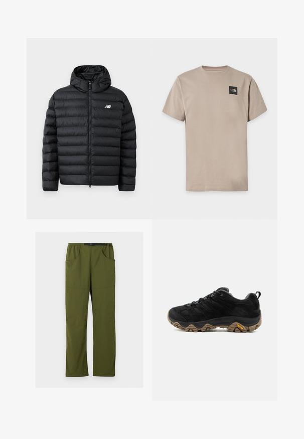 Musthave puffer-jakk mustaga kapuutsiga, millel on lukuga eesmine osa, tikitud tekstuur ja New Balance logo vasakul rinnal. Sile ja kerge materjal.; Beež lühikeste varrukatega ümmarguse kaelusega T-särk, mille ülemisel vasakul küljel on väike must The North Face logo.; Olive rohelised sirged püksid elastse vöökoha ja musta reguleeritava pandlaga vööga, esikülje ja küljetaskud, esiküljel õmblusdetail.; Mustad matkasaapad, millel on robustne pruun Vibrami talla, võrgust ja seemisnahast pealmine osa, paeltega kinnituv disain ja tagumine tõmmits, näidatud välisküljelt.