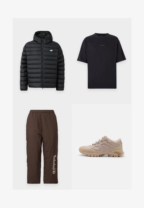 Schwarze Daunenjacke mit Kapuze, Frontreißverschluss, gestepptem Design und New Balance-Logo auf der linken Brust. Glattes, leichtes Material.; Oakley RISE TEE - T-Shirt basic - blackout; Braune Nylonhosen mit einem elastischen Bund. Verfügt über ein vertikales Timberland-Logo in Hellbeige. Glatte Textur, Knöchelfreiheit mit Reißverschlüssen zur Anpassung der Passform.; Beige Sport Schuh mit einem strukturierten Mesh-Obermaterial, synthetischen Überzügen und einer Vibram-Sohle. Verfügt über ein Schnürsystem und seitliche Paneeldetails.