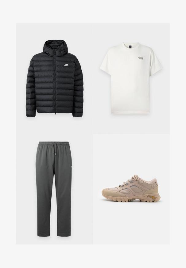 Sort forlængelsesjakke med hætte, med lynlås foran, quilted struktur og New Balance-logo på venstre bryst. Glat, let materiale.; Hvid bomuld T-shirt med korte ærmer, rund hals og et lille, trykt logo på venstre bryst. Glat tekstur, afslappet pasform.; Mørkegrå fleece-sweatpants med elastisk taljebånd og snor, med en lille logo på højre lår.; Beige sportsko med en tekstureret mesh-overdel, syntetisk overlay og en Vibram-sål. Har snøresystem og detaljer på sidepanelet.