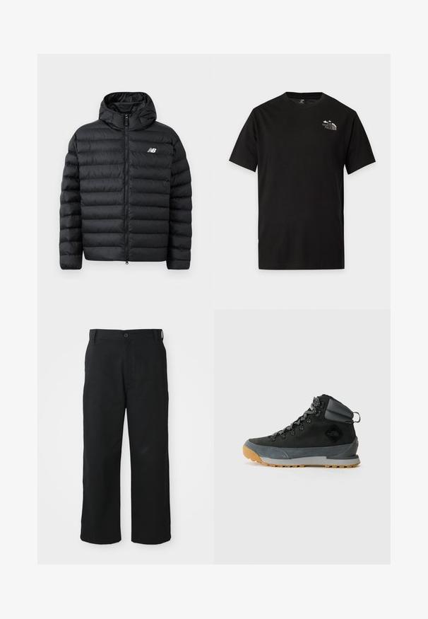 Zwarte pufferjack met capuchon, met een ritssluiting aan de voorkant, gequiltde textuur en het New Balance-logo op de linkerborst. Glad, lichtgewicht materiaal.; Zwart T-shirt met korte mouwen en ronde hals met klein wit The North Face-logo op de bovenste linkerborst.; Zwarte wijde broek gemaakt van een zachte stof. Voorzien van een knoopsluiting, riemlussen en rechte broekspijpen voor een ontspannen pasvorm.; Zwarte hoge wandelboots gemaakt van gestructureerd suede en synthetische materialen, met grijze accenten, een robuuste rubberen zool en grijze veters.