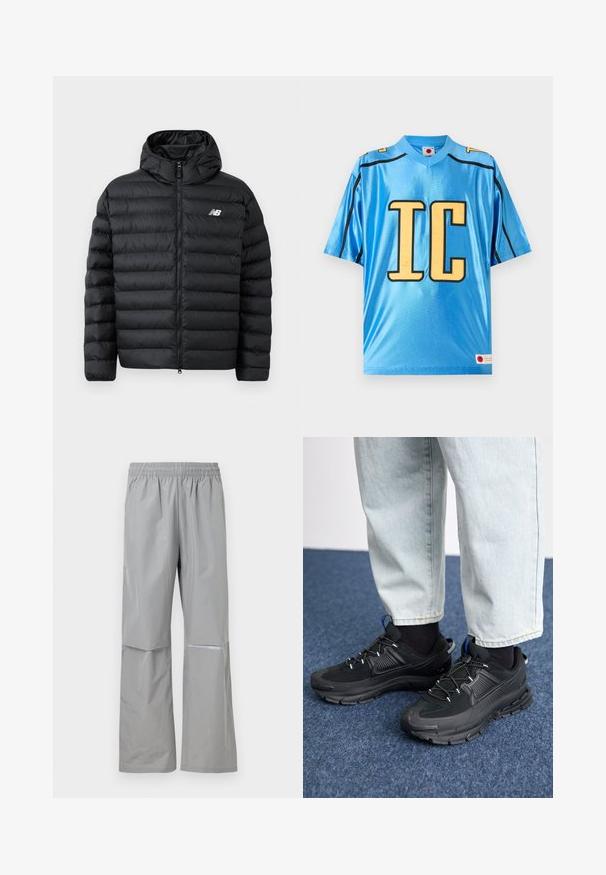Čierna puffrová bunda s kapucňou, so zapínaním na zips, prešívanou štruktúrou a logom New Balance na ľavej hrudi. Hladký, ľahký materiál.; Jasnomodrý športový dres s krátkym rukávom s veľkými žltými písmenami "IC" a čiernymi lemovaniami na pleciach a bokoch.; Svetlosivé nepremokavé nohavice s elastickým pásom a reflexnou páskou na pravej nohe, určené na vonkajšie použitie.; Čierne športové topánky s textúrovanou tkaninou a gumovou podrážkou, so elastickými šnúrkami a modrým akcentom na päte. Nosia sa s svetlými riflami.