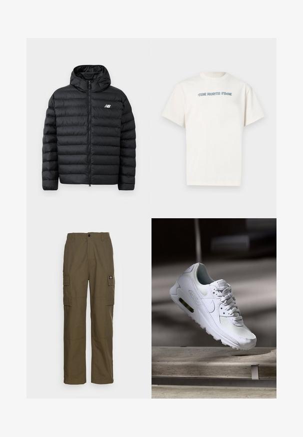 Zwarte pufferjack met capuchon, met een ritssluiting aan de voorkant, gequiltde textuur en het New Balance-logo op de linkerborst. Glad, lichtgewicht materiaal.; Wit T-shirt met korte mouwen en ronde hals, met kleine blauwe "The North Face" tekst in bubbelletters gecentreerd op de borst.; Olijfgroene cargobroek, gemaakt van duurzaam stof. Beschikt over twee zijzakken, een standaard taille en een rechte pijp.; Witte Nike Air Max 90 sneaker met een bovenwerk van mesh en leer, een geperforeerde teenbox en een zichtbare luchtunit in de hiel.