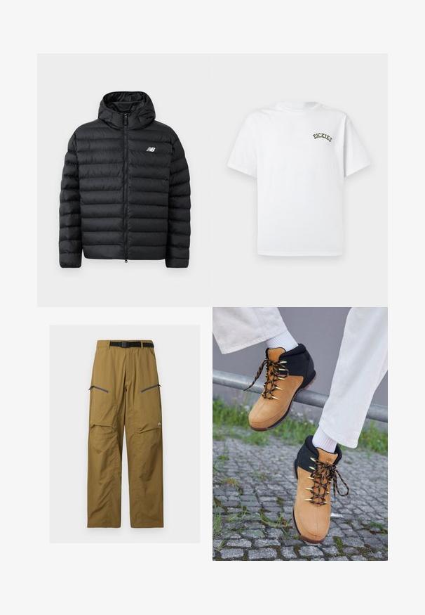 Schwarze Daunenjacke mit Kapuze, Frontreißverschluss, gestepptem Design und New Balance-Logo auf der linken Brust. Glattes, leichtes Material.; Weißes Baumwoll-T-Shirt mit kurzen Ärmeln und rundem Halsausschnitt. Auf der linken Brust befindet sich das grüne, gestickte "DICKIES"-Logo.; Khakifarbene Outdoor-Hose mit schwarzem verstellbarem Gürtel, zwei Reißverschluss-Oberschenkeltaschen und Knie-Nähten, auf einfachem Hintergrund dargestellt.; Braune und schwarze Wanderschuhe mit Obermaterial aus Wildleder, goldenen Ösen und gemusterten Schnürsenkeln, die auf einem Geländer über Kopfsteinpflaster ausgestellt sind. Weiße Socken sind sichtbar.