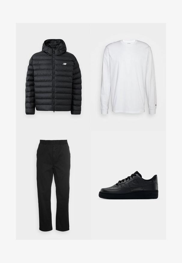 Musthave puffer-jakk mustaga kapuutsiga, millel on lukuga eesmine osa, tikitud tekstuur ja New Balance logo vasakul rinnal. Sile ja kerge materjal.; Valge pika varrukaga T-särk, mis on valmistatud puuvillast. Ümmargune kaelus, ribaga mansetid ja väike logo vasakul varrukal. Sile tekstuur.; Must mustrid püksid elastse vöökohtaga, sirged sääred ja küljetaskud. Sile tekstuur ilma mustrite või aksessuaarideta.; Mustad Nike Air Force 1 tossud musta sileda nahast, perforatsioonidega varvas hingavuse tagamiseks, mustad paelad ja tekstureeritud kummitald.