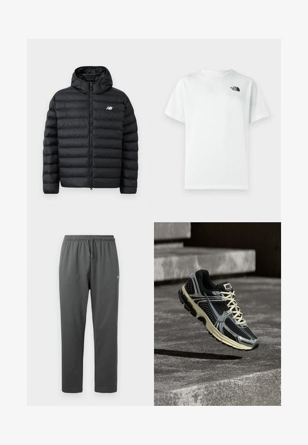 Chaqueta de plumas negra con capucha, con cierre frontal de cremallera, textura acolchada y logo de New Balance en el lado izquierdo del pecho. Material suave y ligero.; Camiseta blanca de algodón con mangas cortas y cuello redondo, con un pequeño logotipo negro en la parte izquierda del pecho. Textura suave.; Pantalones deportivos de forro polar de color gris oscuro con cintura elástica y cordón, con un pequeño logo en el muslo derecho.; Zapatilla de correr Nike en negro y gris con cordones color crema flotando sobre una superficie de hormigón texturizado.