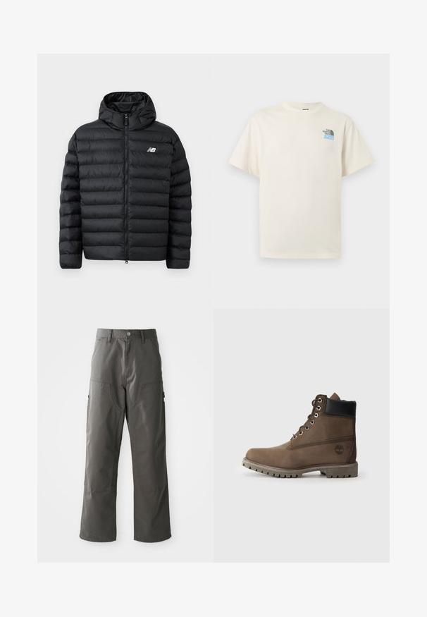 Schwarze Daunenjacke mit Kapuze, Frontreißverschluss, gestepptem Design und New Balance-Logo auf der linken Brust. Glattes, leichtes Material.; Off-white T-Shirt mit kurzen Ärmeln, Rundhalsausschnitt und kleinem schwarzen und blauen The North Face-Logo auf der linken Brust.; Graue Cargo-Hosen mit geradem Bein design, ausgestattet mit zwei Fronttaschen und zusätzlichen Seitentaschen für Stauraum. Hergestellt aus strapazierfähigem Stoff.; Braune Leder-Stiefelette mit schwarzem Kragen, Metallösen und robustem grauen Sohlen. Verfügt über ein Logo an der Seite und genähten Details.