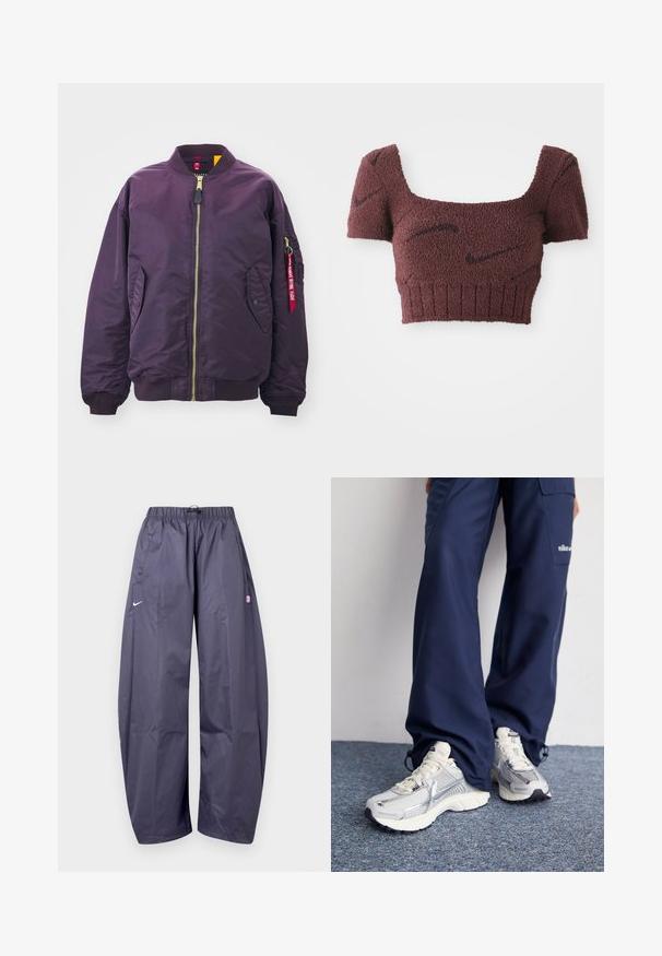 Alpha Industries CORE - Blouson Bomber - plum; Top court mauve en tissu texturé, décolleté carré, manches courtes et ourlet côtelé, présentant de subtils motifs foncés sur l'ensemble.; Pantalon de survêtement Nike gris foncé à coupe ample, avec taille élastique, poches latérales et petit logo rose sur la cuisse droite.; Baskets de sport Nike avec une tige en maille argentée, des accents blancs et des semelles texturées, associées à un pantalon marine ample.