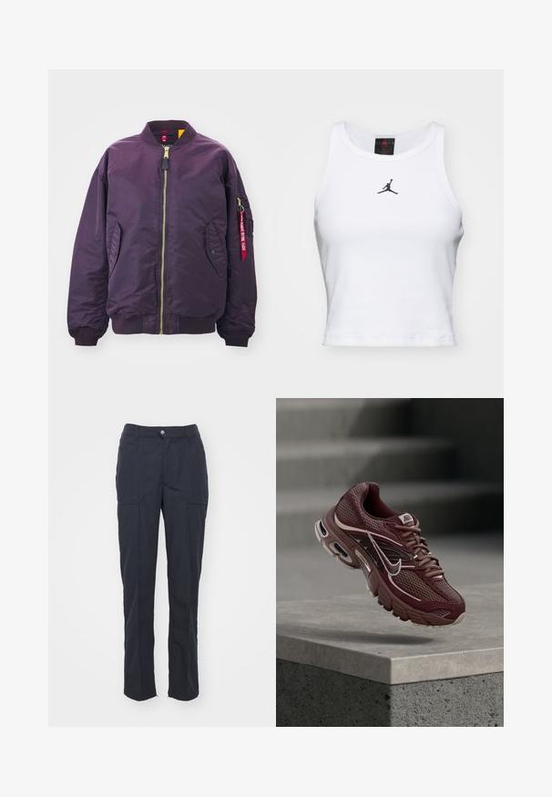 Alpha Industries CORE - Blouson Bomber - plum; Débardeur court blanc en coton avec une texture côtelée. Présente un logo Jordan noir au centre et une encolure ras du cou classique.; Pantalons bleu marine foncé avec une coupe droite, comportant deux poches avant, une fermeture à bouton et une texture de tissu lisse.; Chaussure de course Nike bordeaux avec tissu en mesh, col rembourré, semelle épaisse et accents blancs. Le design présente un bout arrondi et des lacets proéminents.