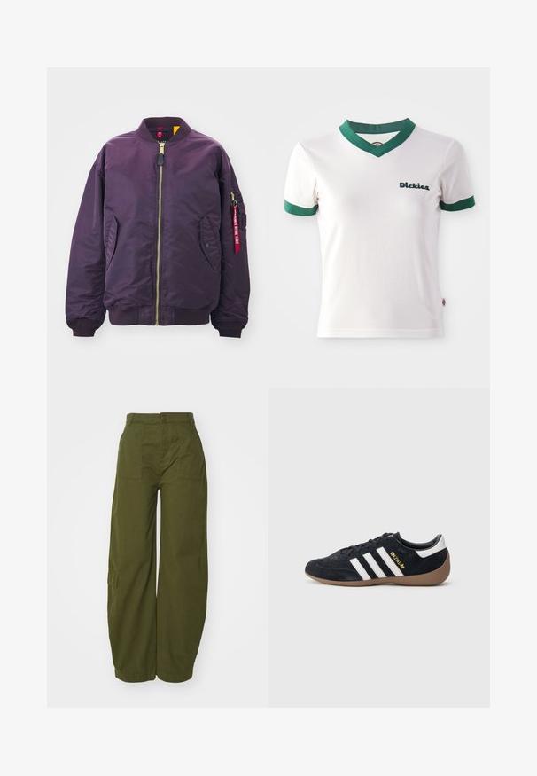 Alpha Industries CORE - Μπουφάν τύπου bomber - plum; Λευκό κοντομάνικο μπλουζάκι με πράσινη V-λαιμόκοψη και τελειώματα στα μανίκια; διαθέτει το λογότυπο "Dickies" σε σκούρο πράσινο στη αριστερή πλευρά του στήθους. Λείος βαμβακερός υφαντικός.; Ελαιόχρωμο cargo παντελόνι φτιαγμένο από βαμβάκι, με φαρδύ σχέδιο, μπροστινές τσέπες και κούμπωμα με κουμπί στη μέση.; Μαύρο σουέντ αθλητικό παπούτσι με τρεις λευκές ρίγες, σόλα από καουτσούκ και ένα μικρό χρυσό λογότυπο στο πλάι. Διαθέτει μαλακή μαύρη εσωτερική επένδυση.