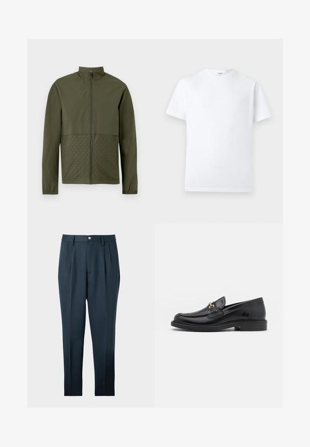 Veste zippée verte olive avec col montant, manches longues, poignets élastiques et motif monogramme "MK" discret sur les panneaux avant inférieurs.; T-shirt blanc uni à manches courtes et col rond, avec une petite étiquette intérieure au niveau de l'encolure, présenté sur un fond neutre.; Pantalon bleu foncé sur mesure avec plis, passants pour ceinture et fermeture par bouton à la taille, présenté sur un fond clair.; Mocassins en cuir noir avec un embout rond, présentant des accents en métal doré et des détails de couture, montés sur une semelle en caoutchouc texturé et basse.