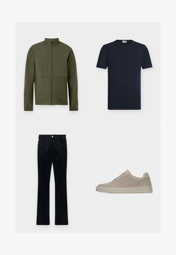 Veste zippée verte olive avec col montant, manches longues, poignets élastiques et motif monogramme "MK" discret sur les panneaux avant inférieurs.; T-shirt uni bleu marine foncé à manches courtes et col rond avec une petite étiquette blanche de la marque à l’intérieur du col sur fond clair.; Pantalon en velours côtelé noir au design droit, comportant cinq poches et une fermeture à bouton en métal. Texture douce avec des nervures verticales.; Baskets en daim beige avec une finition texturée, un bout arrondi et des lacets ton sur ton. Elles présentent une semelle en caoutchouc épaisse et un branding discret sur le talon.