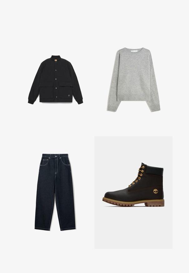 Schwarze gesteppte Jacke mit Stehkragen, zwei Fronttaschen, Druckknopfverschluss und gerippten Bündchen. Verfügt über ein Logo am Saum.; Grauer Strickpullover mit Rundhalsausschnitt, Rippbündchen und -saum, mit entspannter Passform und weichem Material.; Dunkel indigoblaue Jeans mit geradem Bein, weißen Kontrastnähten, Fünf-Taschen-Design und Metallknopfverschluss an der Taille.; Schwarze Leder-Ankle-Boots mit goldenen Ösen, braunen Akzenten und einer Gummisohle. Verfügt über einen gepolsterten Schaft und ein geprägtes Logo an der Seite.