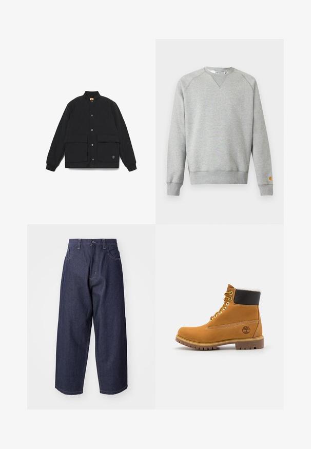 Zwarte gewatteerde jas met een staande kraag, twee voorzakken, drukknopen en geribde manchetten. Heeft een logo op de zoom.; Lichtgrijze crewneck sweater met lange mouwen, geribde manchetten en zoom, en een klein logoplaatje op de linkermouwmanchet.; Donkerblauwe denim jeans met een losse, wijde pasvorm. Kenmerken zijn een knoopsluiting, steekzakken aan de voorkant en zichtbare stiksels.; Bruine leren enkellaars met metalen oogjes, witte faux bont voering, zwarte gewatteerde kraag, robuuste zool en een reliëflogo aan de zijkant.