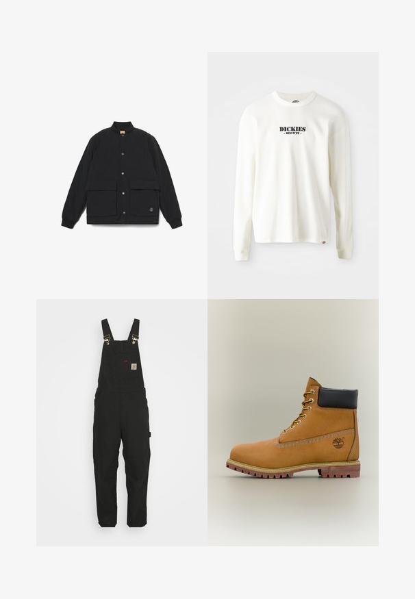 Sort quiltet jakke med ståkrave, to foranlommer, trykknaplukning og ribbede manchetter. Har et logo på kanten.; Hvid langærmet ribbet sweatshirt med et sort logo "DICKIES" med "SINCE '22" nedenunder, rund hals og manchetter.; Sorte bomuldsoveralls med justerbare stropper, en forlommes med logo patch og to sidelommer i en afslappet pasform.; Brun læderankelstøvle med sort krave, gule snørebånd og tanfarvet sål. Har logo og hvide syninger som detalje. Robust ydersål med greb.