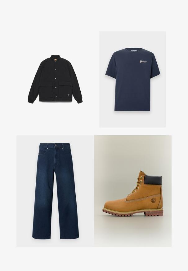 Zwarte gewatteerde jas met een staande kraag, twee voorzakken, drukknopen en geribde manchetten. Heeft een logo op de zoom.; Donkerblauw T-shirt met korte mouwen en ronde hals, met een klein Wrangler-logo in wit en bruin geborduurd op de linkerborst.; Donkerblauwe wijde denim jeans met knoop- en ritssluiting aan de voorkant, voor- en achterzakken, getoond tegen een witte achtergrond.; Bruine leren enkellaars met zwarte kraag, gele veters en een zandkleurige zool. Voorzien van een logo en witte stikseldetails. Robuuste loopzool met grip.
